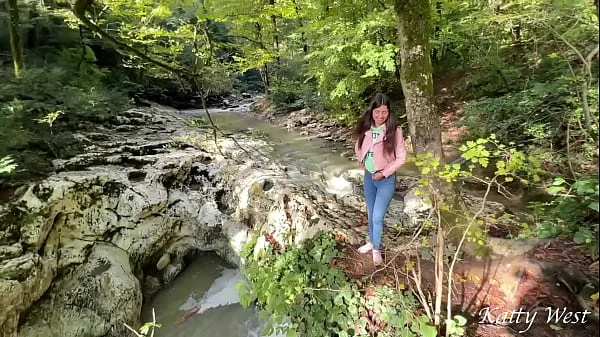 Excursion in the forest ended with a girl fucking on a waterfall